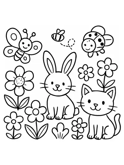 Simple coloring page with animals and insects smiling in a flower-filled garden.