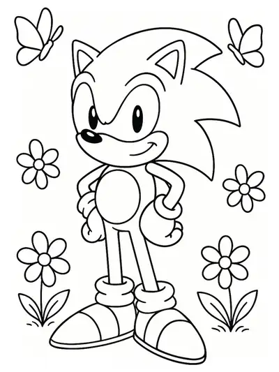 Sonic the Hedgehog with flowers and butterflies in spring, simple coloring page.