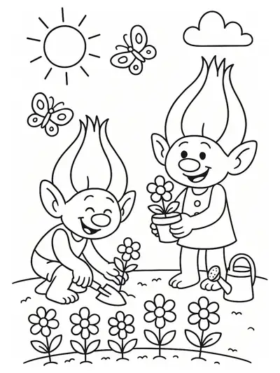 Trolls planting flowers in a garden with butterflies and sunshine, simple lines and big coloring spaces