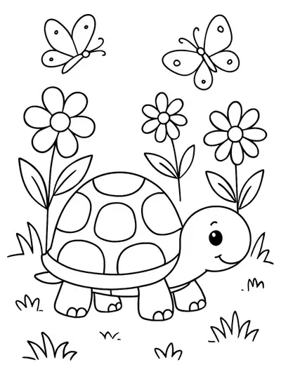 A turtle in a flower garden with butterflies for a spring-themed coloring page.
