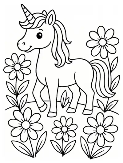 A simple unicorn standing in a field with large flowers, easy outlines for coloring.