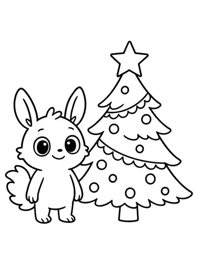 Easy preschool coloring page of Sprunki with a Christmas tree and ornaments