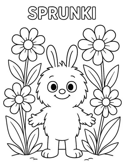 Simple coloring page of Sprunki among large spring flowers for preschoolers