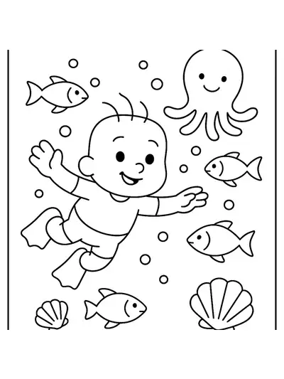 Sprunki character underwater with fish, octopus, and seashells