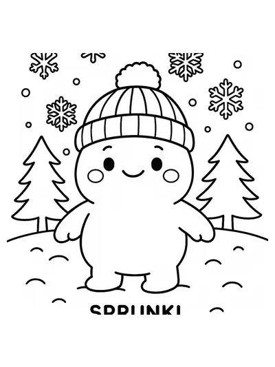 Sprunki character in a snowy landscape with pine trees and snowflakes
