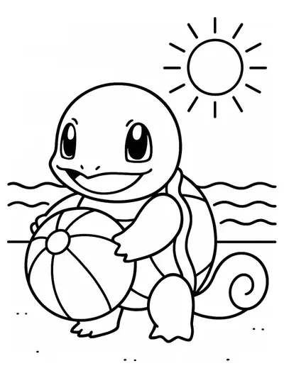 Squirtle holding a beach ball on the sand with a sun and waves, easy lines