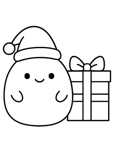 Simple Squishmallow wearing a Santa hat next to a big gift box for Christmas coloring.