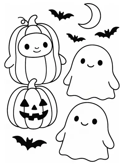 Squishmallows dressed as pumpkins and ghosts in a Halloween scene, designed for elementary coloring.