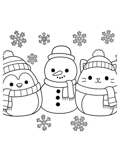 Squishmallow characters wearing scarves and hats with a snowman and snowflakes, easy for children to color.