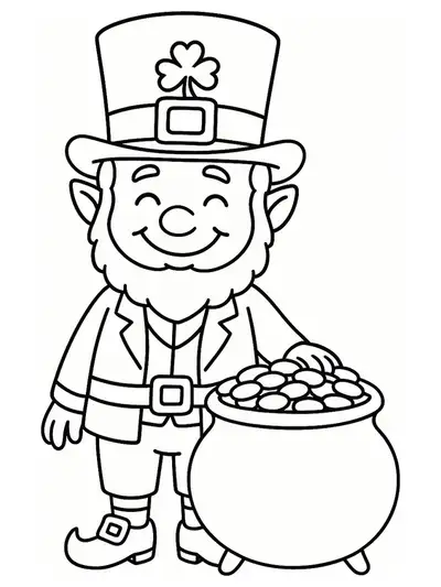 Easy coloring page of a smiling leprechaun with a hat and pot of gold for St. Patrick's Day.