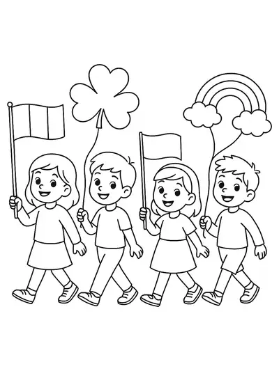 Easy coloring page of children in a St. Patrick’s Day parade with flags and balloons.