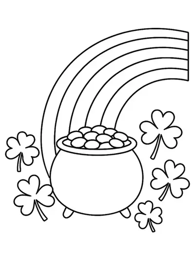 Easy coloring page of a rainbow ending at a pot of gold with clovers around it for St. Patrick's Day.