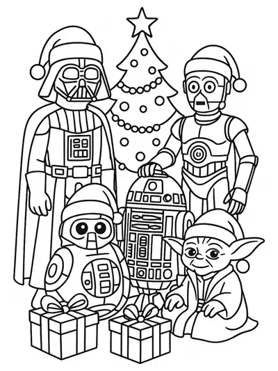 Simple Star Wars characters in Christmas hats near a holiday tree with presents, easy outlines.