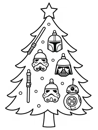 Simple coloring page of a Christmas tree with Star Wars decorations and large ornaments, easy for preschoolers.