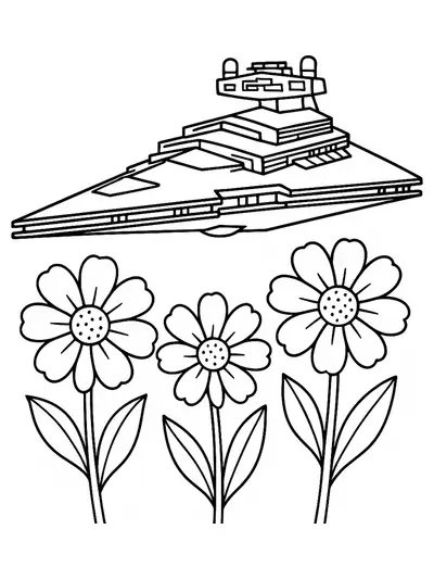 Simple coloring page of a big spaceship above spring flowers with easy shapes, designed for preschoolers.