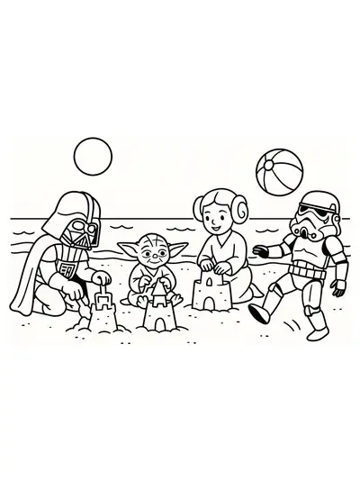Star Wars characters building sandcastles and playing at the beach, simple outlines.