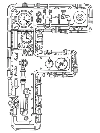 Letter F with complex steampunk gears, pipes, and machinery for adult coloring.