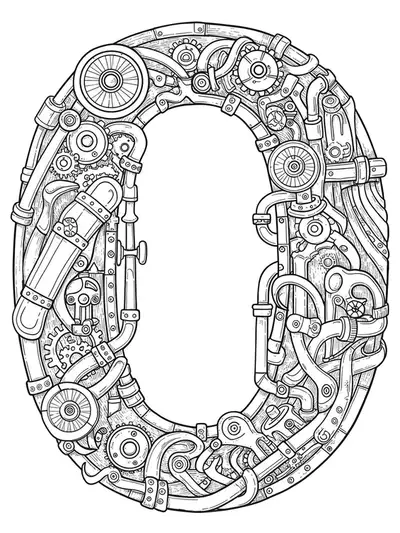 Intricate steampunk-themed letter O coloring page with gears, machinery, and Victorian details, hard level for adults