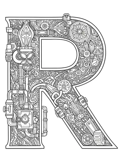 Letter R surrounded by detailed steampunk gears, pipes, and Victorian patterns for a hard teen coloring page.