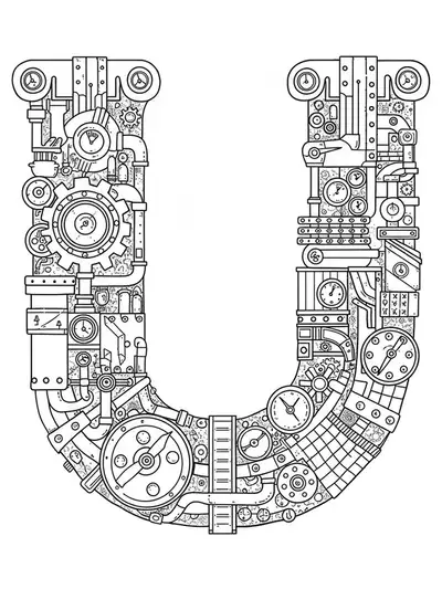 Detailed steampunk-themed letter U with gears, clockwork, pipes, and ornate Victorian filigree for teens to color.