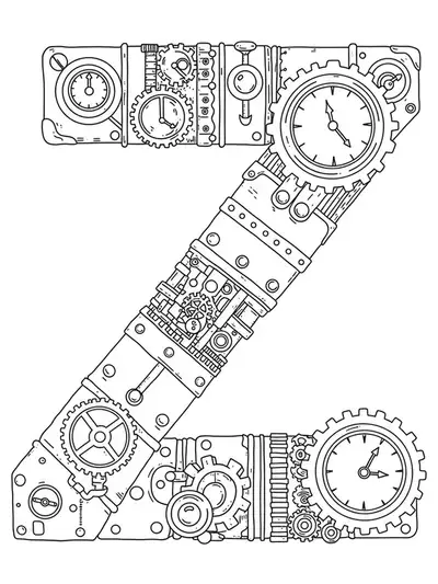Intricate steampunk letter Z surrounded by gears and mechanical elements, hard coloring page for teens.