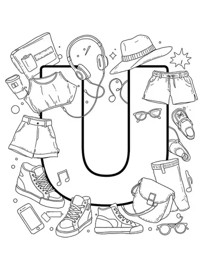 Letter U with trendy clothing, sneakers, and accessories in a fashion-themed coloring page for teens.