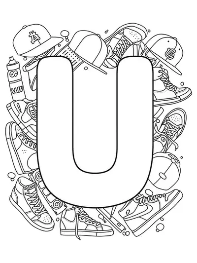Letter U with outlines of sneakers, caps, and hoodies for easy teen coloring.