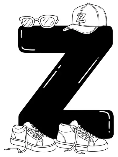 Large letter Z with outlined sneakers, a baseball cap, and accessories