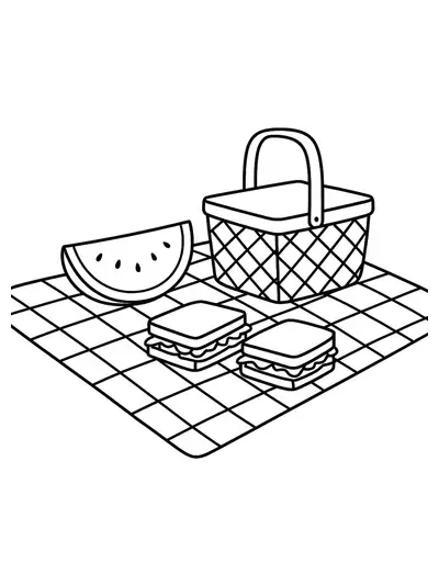 Easy coloring page of a picnic scene with basket, food, and blanket for elementary kids