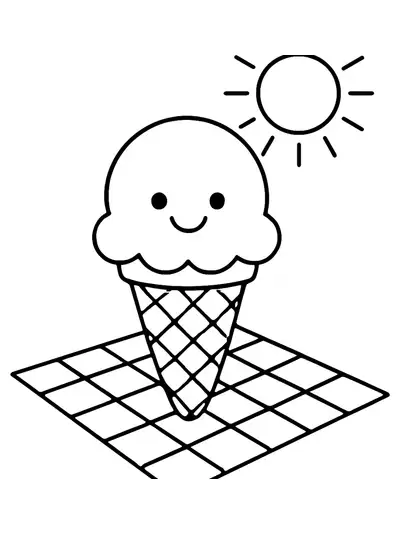 Simple line art of a smiling ice cream cone at a picnic blanket with sun overhead, easy coloring page for preschoolers.