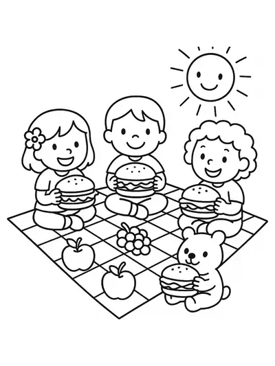 Inside Out 2 characters sitting on a picnic blanket with big food items like sandwiches and fruit, under a sun with simple outlines.