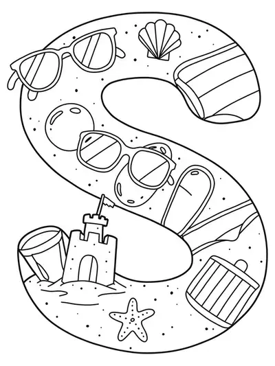 Printable coloring page of a large letter S with sunglasses, a sandcastle, and swimming gear.
