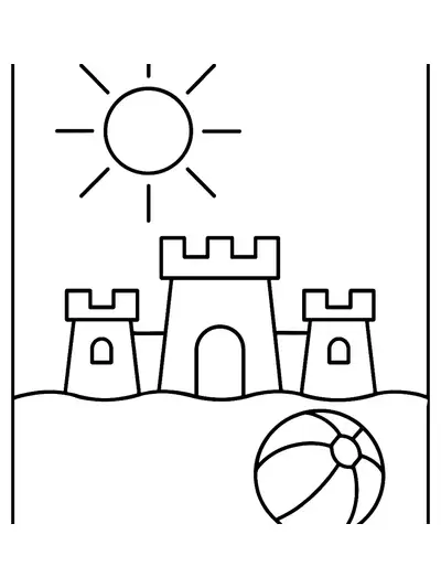 Easy coloring page with sun, sandcastle, and beach ball for preschool children.