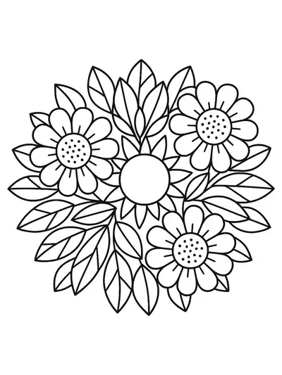 Simple mandala with large flowers, sun, and leaves for preschool coloring