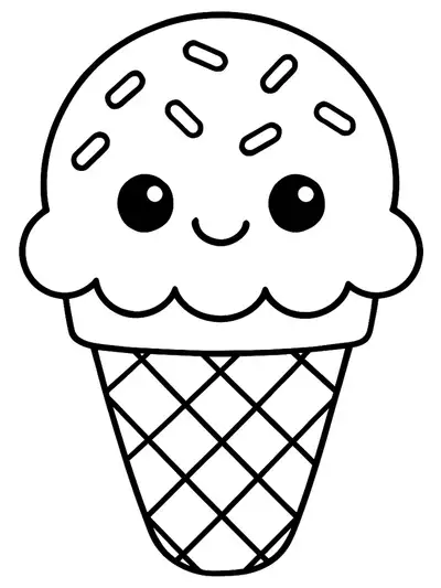 Outline of a kawaii ice cream cone with a smiling face, sprinkles on top, and large simple shapes.