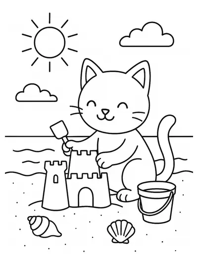 Cat building a sandcastle at the beach under the sun, simple outlines for coloring