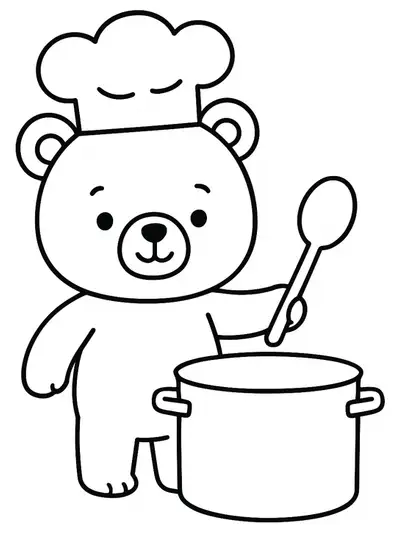 Outline drawing of a bear wearing a chef hat, holding a spoon, with a big cooking pot.