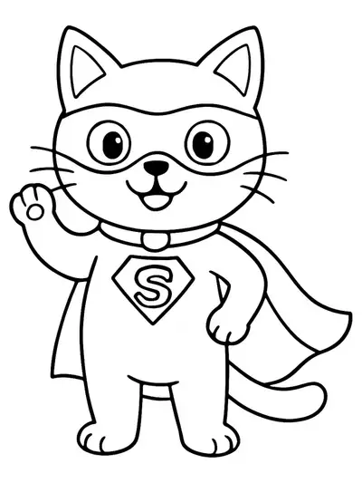 A cat dressed as a superhero with a cape and mask, standing in a heroic pose, outlined simply for coloring.