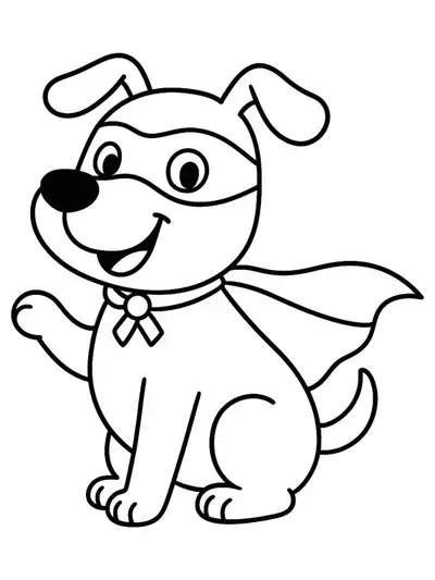 Outline of a cheerful dog wearing a superhero cape and mask with a city skyline in the background.