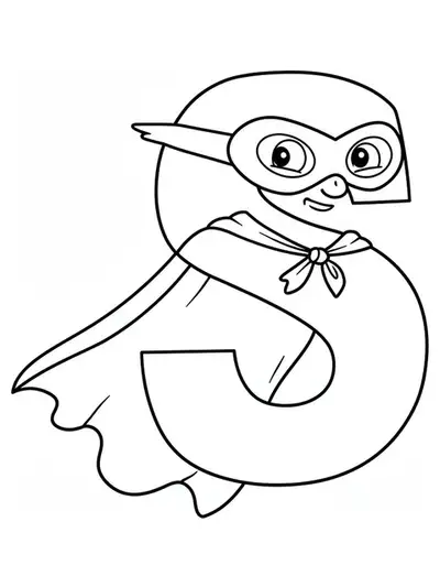 Large letter S wearing a superhero mask and cape, outlined in simple lines.