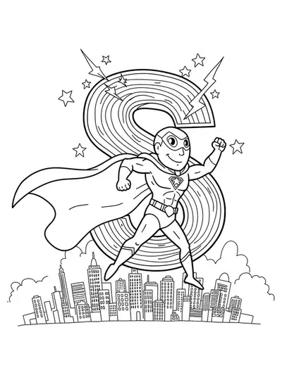 Superhero-themed letter S with cape, lightning bolts, and cityscape in a hard coloring sheet.