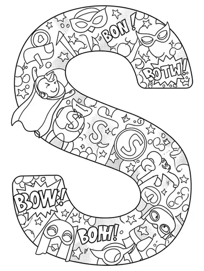 Detailed letter S with superhero capes, masks, and comic book stars for preschool coloring
