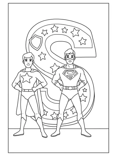 Printable coloring page of a superhero standing beside a large letter S with stars and shields.