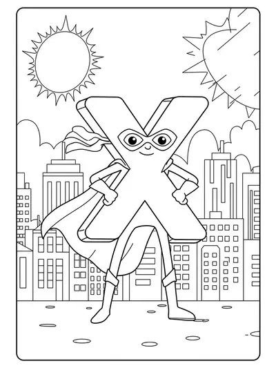 Superhero letter X with cape, mask, and detailed cityscape background for coloring