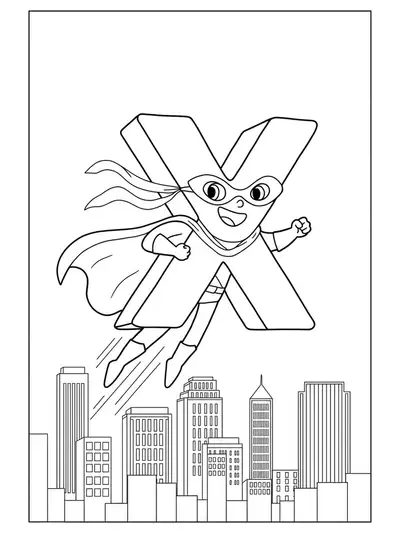 Letter X as a flying superhero above a cityscape, wearing a cape and mask, for kids to color.