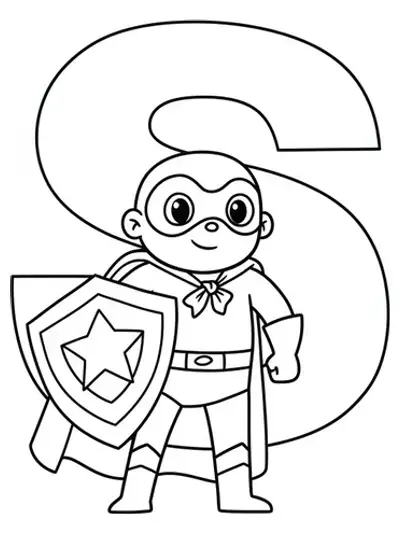 Coloring page with a big letter S, superhero, and a shield