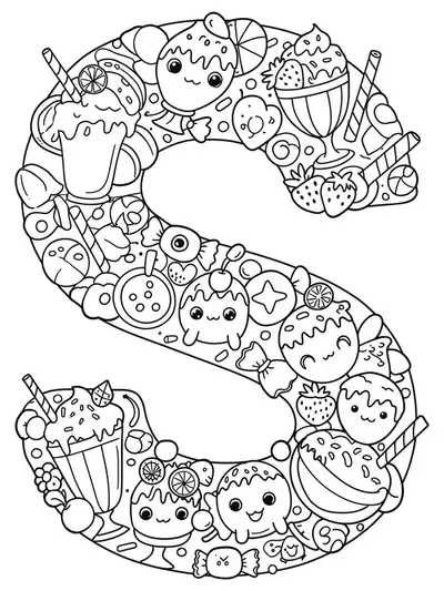 Letter S with intricate sundaes, strawberries, candies, and sprinkles for preschool coloring