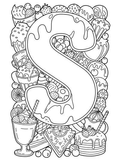 Coloring page with a big letter S decorated with sundaes, strawberries, and slices of cake.