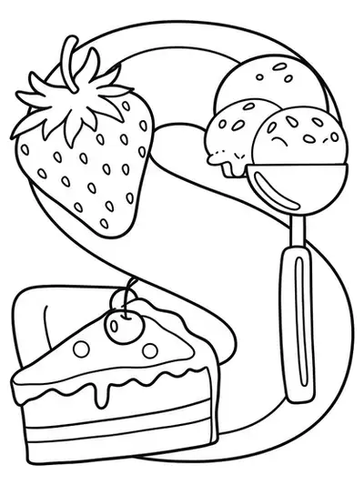Coloring page with a big letter S, strawberry, cake slice, and ice cream