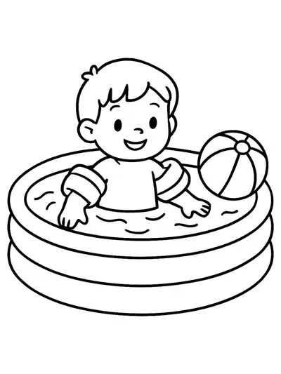 Easy coloring page of a child in a swimming pool with floaties and a beach ball.